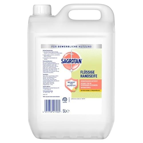 Sagrotan Antibakterielle Handseife – Erfrischende Zitrusfrüchte – Großpackung mit 1 x 5 L Kanister Flüssigseife