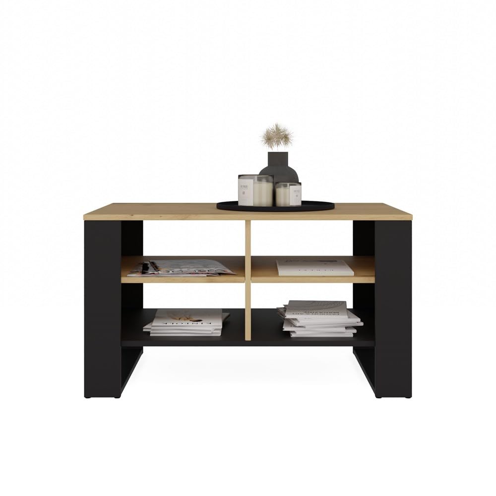 CDF Table Basse Moderne Roble Artisan Noir 90 x 58 x 50 cm Rangement Salon Design Industriel Meuble rectangulaire étagères Bois ingenierie Stable avec 4 Niveaux de Rangement Ouverts