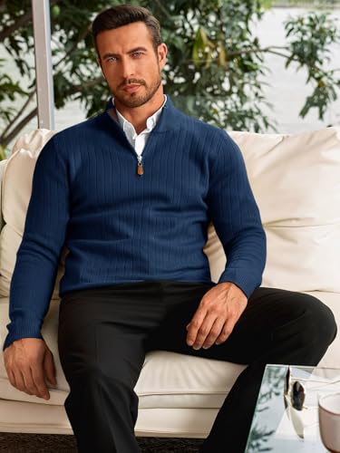 Runcati Mens Quarter Zip Sweater Mock Neck Casual Ribbed Knit Pullover Fall Lightweight Polo Sweaters3