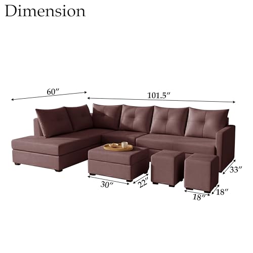Image of Wood 8 Seater Sofa Set with Ottoman & Stools | Velvet Fabric Upholstery | Modern L Shape Wooden Frame Couch for Living Room, Home & Office (Brown)