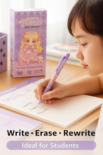 Image of Alokik 12 Pcs Princess Erasable Gel Pen Set 0.5mm Fine Point - Cute Pink Dream Cartoon Pens with Eraser Tip, Smooth Writing Retractable Gel Pens for Kids Girls School Office Supplies Stationery