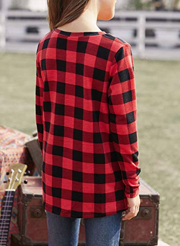 Blibea Plaid Long Sleeve Crewneck Cute Birthday T Shirts Twist Knot Front Casual Blouse Tops Size 10-11 Red #TOP5