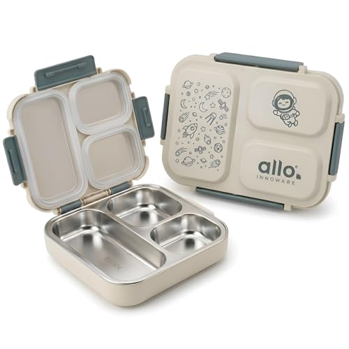 Image of Allo Bento Stainless Steel Lunch Box for Kids- BIS Approved, 304 Stainless Steel 3 Compartment Leakproof Tiffin Box for Boys and Girls for School, Travelling, Baby Snacks, 740ml Green Space