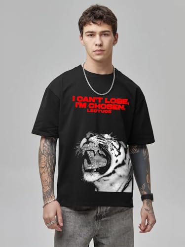 Image of LEOTUDE Oversized Half Sleeve Cottonblend Graphic Print Round Neck Drop Shoulder Baggie Tshirt for Man (Color Black)