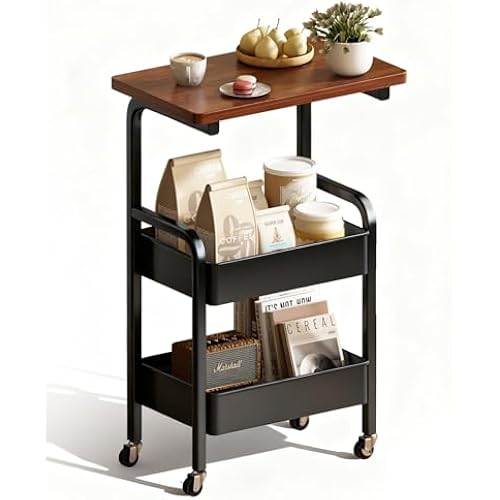3 Tier Metal Rolling Utility Cart Organizer with Walnut Table Top, Stable and Sturdy Rolling Storage Carts with 2 Lockable Wheels for Kitchen，Bathroom，Snacks，Coffee，Craft，Makeup，Baby Essentials