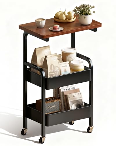 3 Tier Metal Rolling Utility Cart Organizer with Walnut Table Top, Stable and Sturdy Rolling Storage...