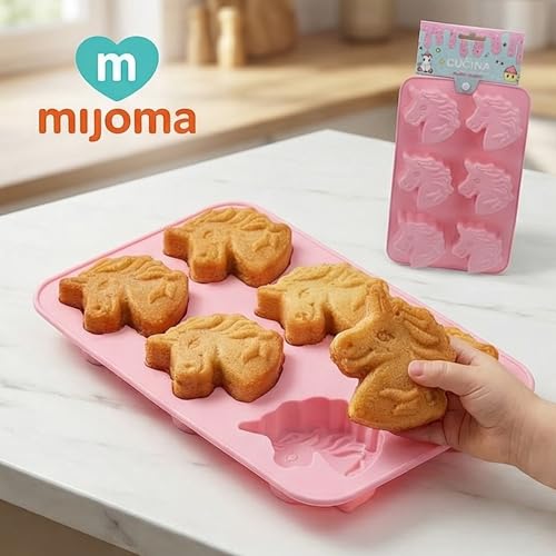 MIJOMA Muffinform für Kinder – Silikon Backform mit Tiermotiv – BPA-frei & lebensmittelecht – 6 Mulden – wiederverwendbar – ideal für Mini Muffins, Kuchen & Desserts (Einhorn rosa)