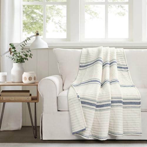 Image of Lush Decor Farmhouse Stripe Kantha Pick Stich Yarn Dyed Cotton Woven Throw Reversible Ticking Pinstripe Design Blanket, 50 inch x 60 inch, Navy