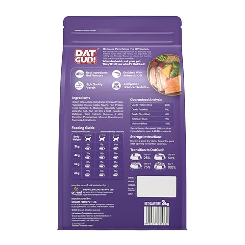 Image of DatGud Adult Dry Cat Food, Chicken & Wild Fish with Antarctic Krill, 6 kg (3 kg + 3kg Free) | Complete & Balanced Nutrition | Antioxidants for Immunity | Taurine for Heart & Vision | Easy to Digest