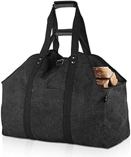 BONTHEE Extra Großer Kaminholzträger Holzkorb Brennholztasche Tragetasche aus Segeltuch mit 2 Griffe - Schwarz
