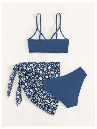 Girl's 3 Piece Swimsuit Sets O Ring Wireless Bathing Suit with Ditsy Floral Mesh Cover Up Skirt2