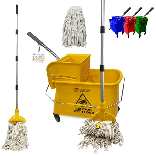 Professional Kentucky Floor Mop and Bucket Set on Wheels - Large Capacity Commercial Industrial Floor Mop Bucket with Wringer Ideal for Warehouse Hotel Office School Use - Yellow