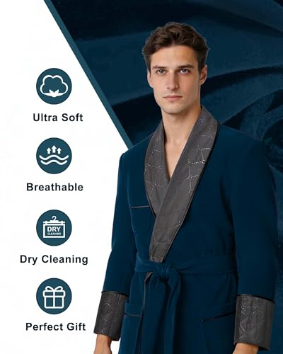 Image of Men's Long Velvet Smoking Jacket Smoking Robe with Belt Shawl Lapel Quilted Dressing Gown