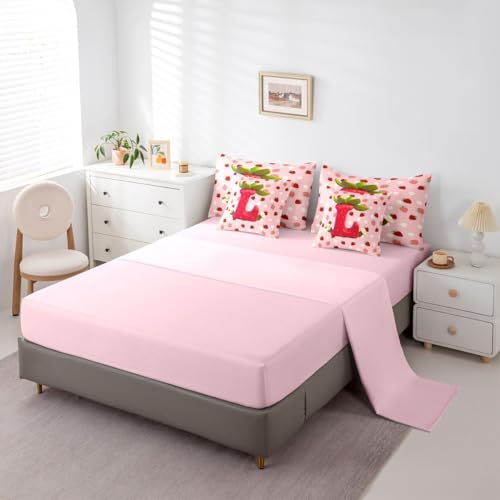 Image of Feelyou Girls Pink Red Strawberry Comforter Set Queen Size 7 Pieces Initial Letter L Bedding Set Kids Boys Girls Princess Strawberry Bed in a Bag with Comforter, Sheets, Pillowcases, Cushion Covers