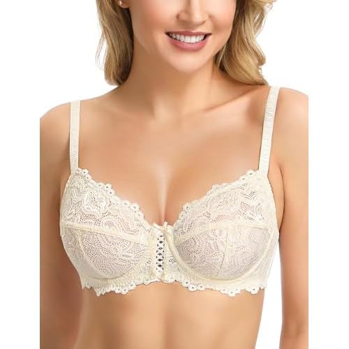 Wingslove Damen BH Vollschalen Floraler Spitze BH ohne Polster Bügel BH Soft Cup (Nackt 32G)