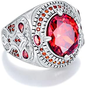 PYTALI Round Garnet Gemstone Ring for Men Sterling Silver Oxidized Men's Ring Vintage Retro Jewelry(10)