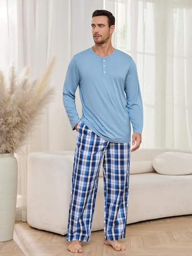 Vulcanodon Mens Pajama Set Long Sleeve, Pajamas Made from Bamboo Pulp Viscose and Cotton Lightweight PJS for Men(Grey Blue+Royal Blue Plaid, L)4
