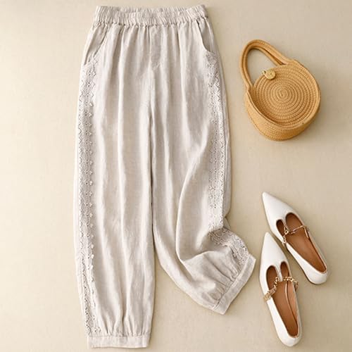 Comfy Cotton Pants for Women Summer Elastic Wide Leg Lounge Trousers Loose Casual Solid Palazzo Pants with Pockets2