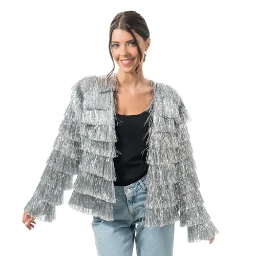 Chaks - Damenjacke mit glitzernden Fransen Silber Gold Pink 90er Jahre Discojacke Festival Karneval Party Rave