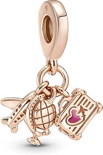 Pandora Airplane, Globe & Suitcase Triple Dangle Charm Bracelet Charm Moments Bracelets - Stunning Women's Jewelry - Gift for Women - Made Rose & Enamel