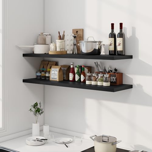 Image of Dreamland 48 inch Floating Shelves for Wall, 12 inch Deep Slim Black Floating Shelves, Wall-Mounted Shelves for Bedroom, Living Room, Kitchen, Bathroom - Set of 2