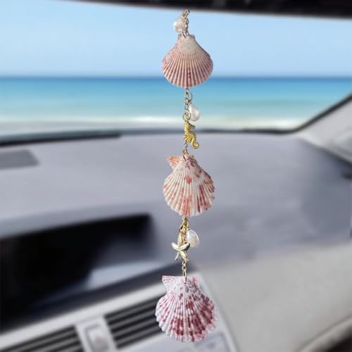 Sea Shells Car Decor,Cute Coastal Hanging Car Charm for Rear View Mirror, Boho Beach Themed Pendant,Hand-Made Starfish Conchas Ornament Accessories for Women