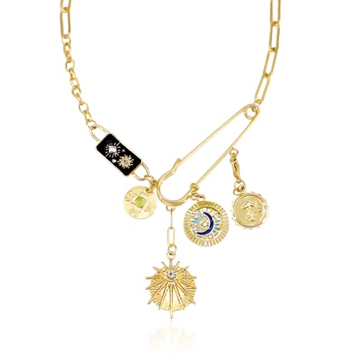 Gold Charm Necklace for Women, Detachable Women's Evil Eye Paperclip Charm Necklace, Gold Coin Necklace - Main Image