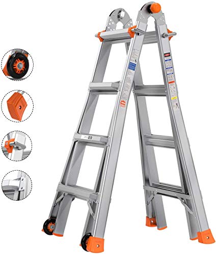 TACKLIFE Ladders 13ft 17ft, 5 Modes Extension Ladder Upgraded Aluminum, ANSI standard, 300 lb Duty Rating (Load Capacity Type IA), Stronger 