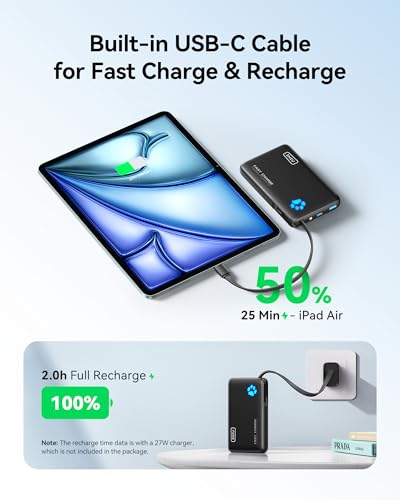 INIU 45W Power Bank, Fast Charging Portable Charger with Built-in USB C Cable, 10000mAh Small Type C Powerbank, Battery Pack for iPhone 17 16 15 14, iPad, Samsung S25 S24 etc Travel Camping Essentials