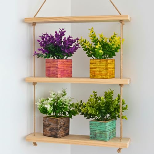 Image of DecoreBugs Artificial Mini Plant (4 Pack)| Small Artificial Faux Plants Home & Office Decor, Living Room, Bedroom, Tabletop & Shelves | Small Potted Plants | Stylish Wood Pot