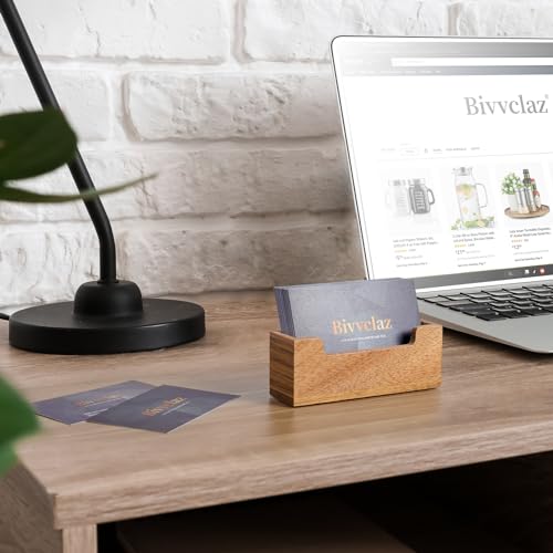 Bivvclaz Business Card Holder for Desk, Acacia Wood Business Card Organizer Desktop Business Card Display Stand for Office Home Tabletop Exhibition, Small Business Essentials