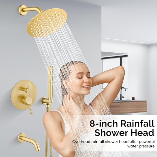 Airuida 3-Function Rain Shower System Set – Wall Mount Tub Shower Combo with Handheld Shower and Tub Spout,8 Inch Shower Head,Brushed Gold by Airuida - Used condition - Image 3