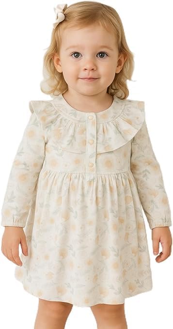 Toddler Girls Floral Dress, Long Sleeve Button-Front Cotton Dress with Ruffle Detail, Cream with Sage Leaves Pattern, 6-36 Months (UAE/KSA, Age, 24 Months, 36 Months)