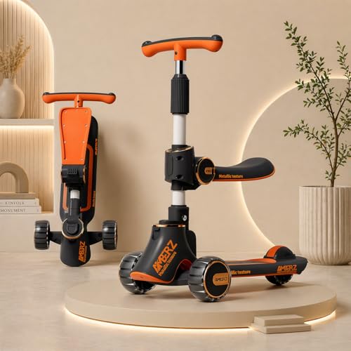 Image of 3-in-1 Convertible Foldable Kids Skating Style Cycle Kick Scooter for 3-14 Years Old Kids with 5-Level Height Adjustable Handle | LED PU Flashing Wheels | Max Capacity 75 Kg.(Black)