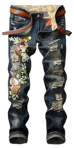 Enrica Men's Straight Slim Fit Ripped Distressed Jeans with Embroidered Patches Pants, Blue 0795, 38