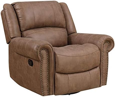 Madrona Burke Nova Brown Gliding Recliner with Swivel Glider, Nailhead Trim, and Pillow Back