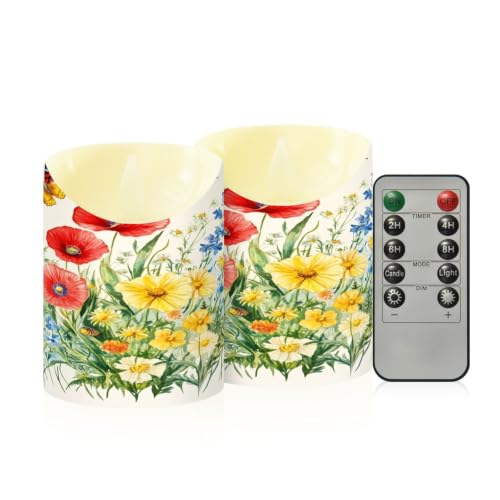 Ewusp Juego de 2 velas LED parpadeantes sin llama de mariposa con diseño de flores silvestres, con control remoto y temporizador, para decoración del hogar, bodas, vacaciones, fiestas, centros de mesa