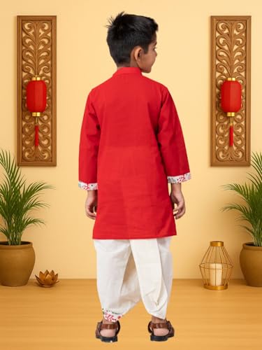 Image of Kids Ethnic Wear - Stylish Half Printed & Vibrant Color Pure Cotton Kurta with Elastic Waist Dhoti Set for Boys