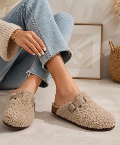 Image of KIDMI Women's Fur Lined Genuine Suede Clogs Fuzzy Cork Footbed Potato Shoes
