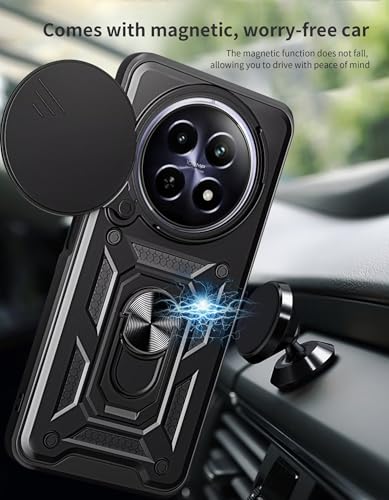Image of Shockproof Back Case Cover for Realme 13 Plus 5G, Shockproof Realme 13 Plus Back Cover, Ring Case with Kickstand and Camera Protection Shutter - Black
