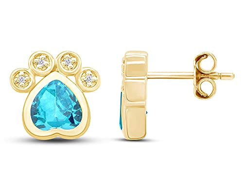 Paw Print Earrings for Women, 14K Gold Over Sterling Silver with Heart Cut Simulated Birthstone & Round White Cubic Zirconia, Push Back Studs, Pet Lover Jewelry Gift2