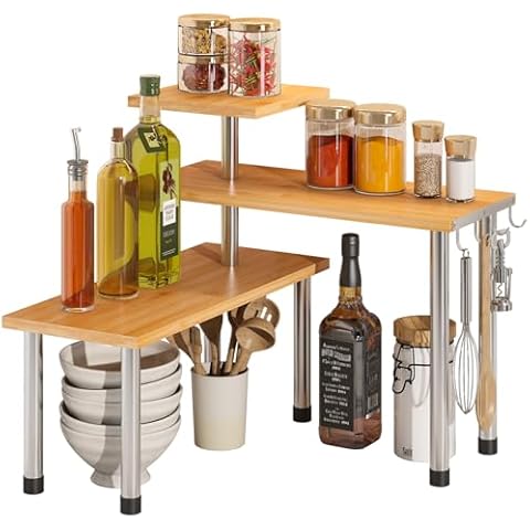 BMOSU Kitchen Corner Shelf Countertop Organizer with Hooks Adjustable Spice Rack Corner Display Rack Shelf Cabinet Counter Shelves(Bamboo) Cover
