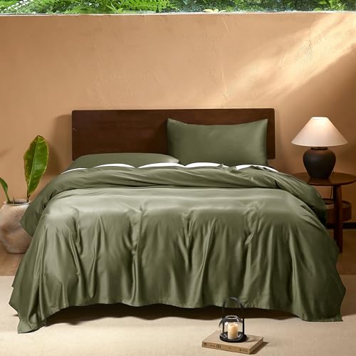 Image of EVERLY King Sheets Set,Luxuriously 400 Thread Count Organic Viscose Derived from Bamboo Bed Sheet,Cooling Sheets for King Size 4 Piece Deep Pockets Bedding Sheets &Pillowcases-Olive Green