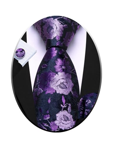 Image of Barry.Wang Flower Ties for Men Handkerchief Cufflinks Set Wedding Necktie Set Party