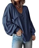 BTFBM Women Casual V Neck Ribbed Knitted Shirts Tunic Tops Loose Balloon Sleeve Solid Pullover Blouses Top with Pocket(Solid Blue, Large)