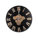 BaiYunTech Orologio da parete industriale vintage rotondo da 61 cm nero con ingranaggi reali, numeri romani neri, funzionamento a batteria, silenzioso, decorazione per casa, ufficio, soggiorno, camera