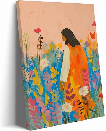Colorful Jesus Canvas Wall Art Jesus with Wildflowers Christian Watercolor