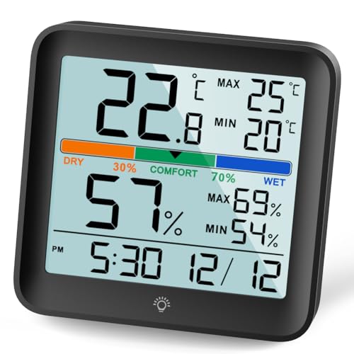 NOKLEAD Hygrometer Innen-Digital Thermometer Room Großem LCD Bildschirm mit Berührbar Backlight MIN/MAX- Aufzeichnungen Komfortzone Uhr Datum Raumthermometer für Haus, Büro, Zimmergarten(Schwarz)