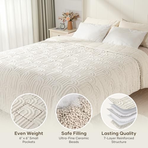 Image of Cottonblue Jacquard Weighted Blanket for Adults Twin Size 12 lbs, Soft Fluffy Sherpa Fleece Weighted Blankets Throw 48 inch x 72 inch for Sleep Relax, Fuzzy Warm Arch Heavy Blanket for Bed Sofa, Cream White