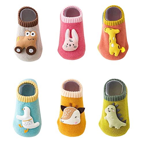 FedMois Calcetines Antideslizantes de Algodón para Bebé Niño Niña Pack de 6, animales 3D, 0-1 año